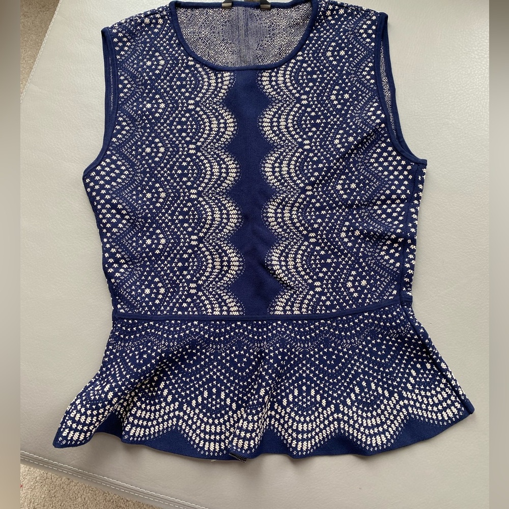 PRACTICALLY NEW: BCBG Elegant Navy Lace Peplum Top size M